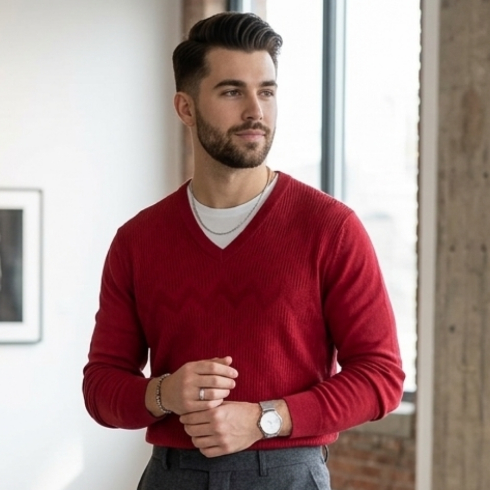 Hugo Boss L Merino Old Money Preppy Jaquard Chevron V-Neck Knit Wool Sweater